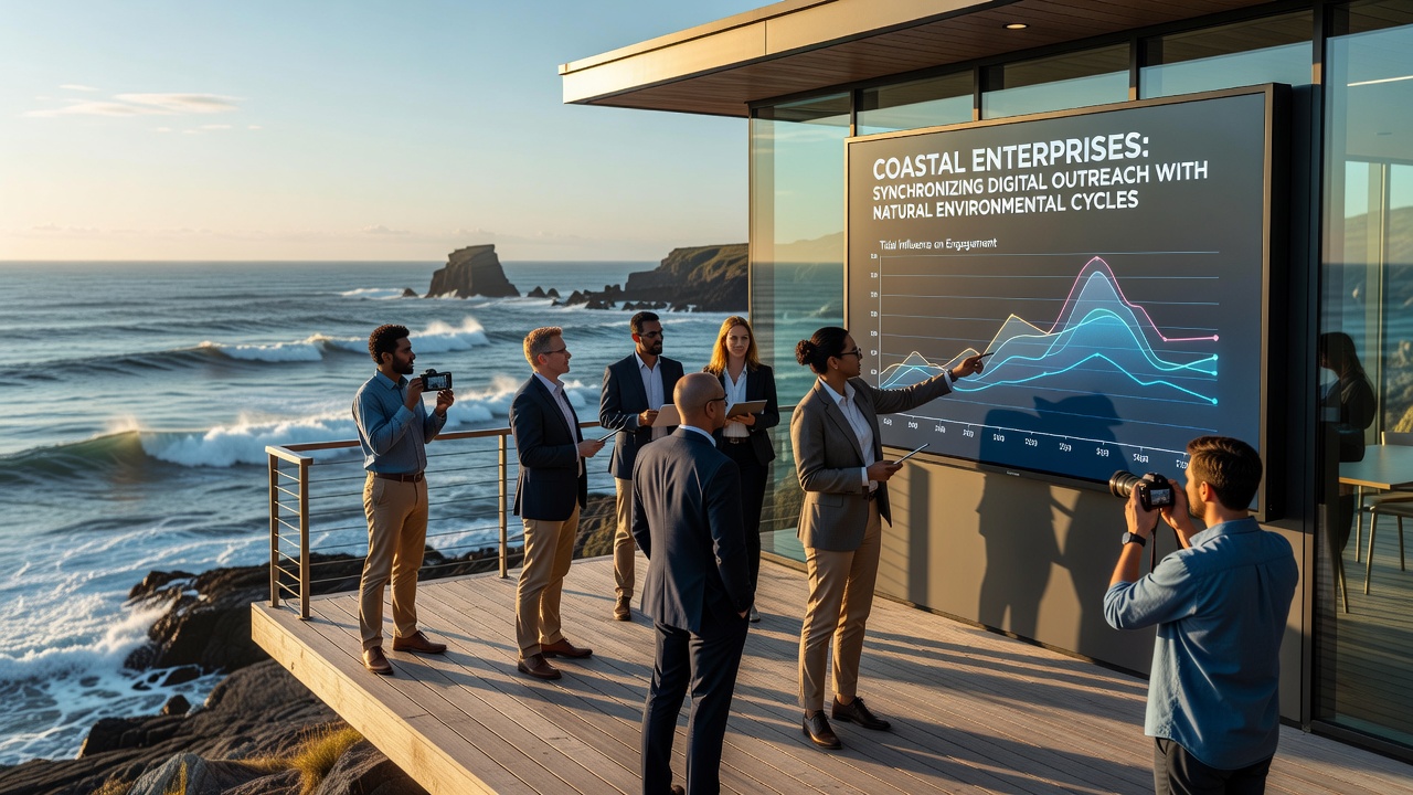 Analytics dashboard displaying tide height alongside search volume metrics for coastal tourism keywords