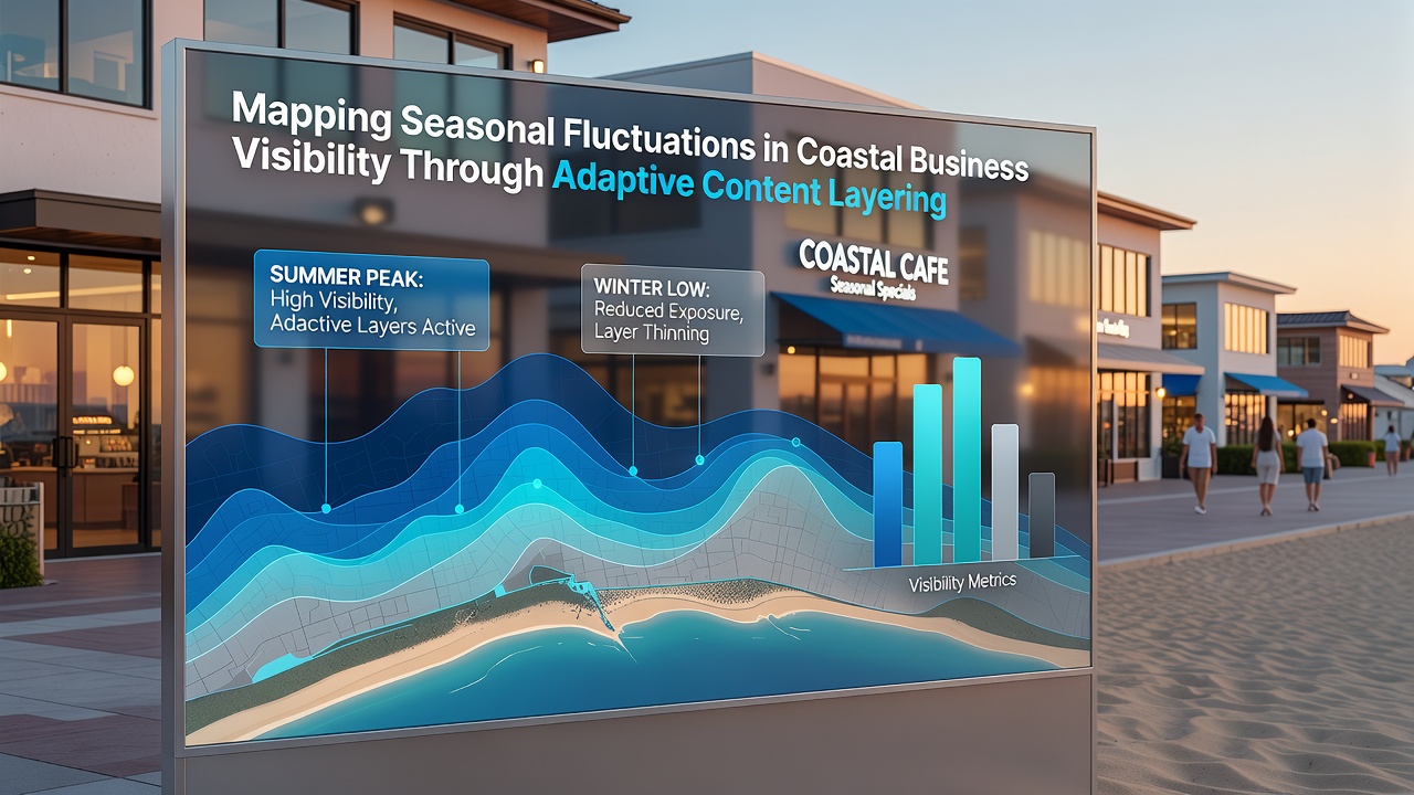 Split-view visualization showing before-and-after content layering results for a coastal inn during winter transition with traffic graphs overlaid