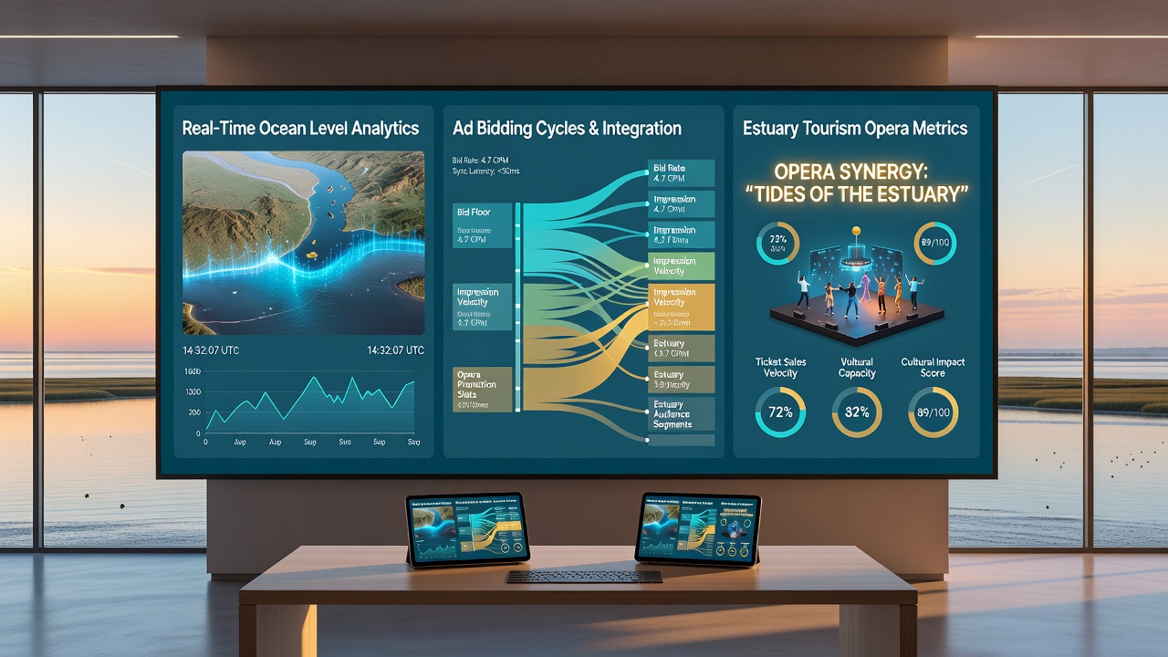 Dashboard showing synchronized tidal data streams and live advertising bid adjustments for coastal tourism